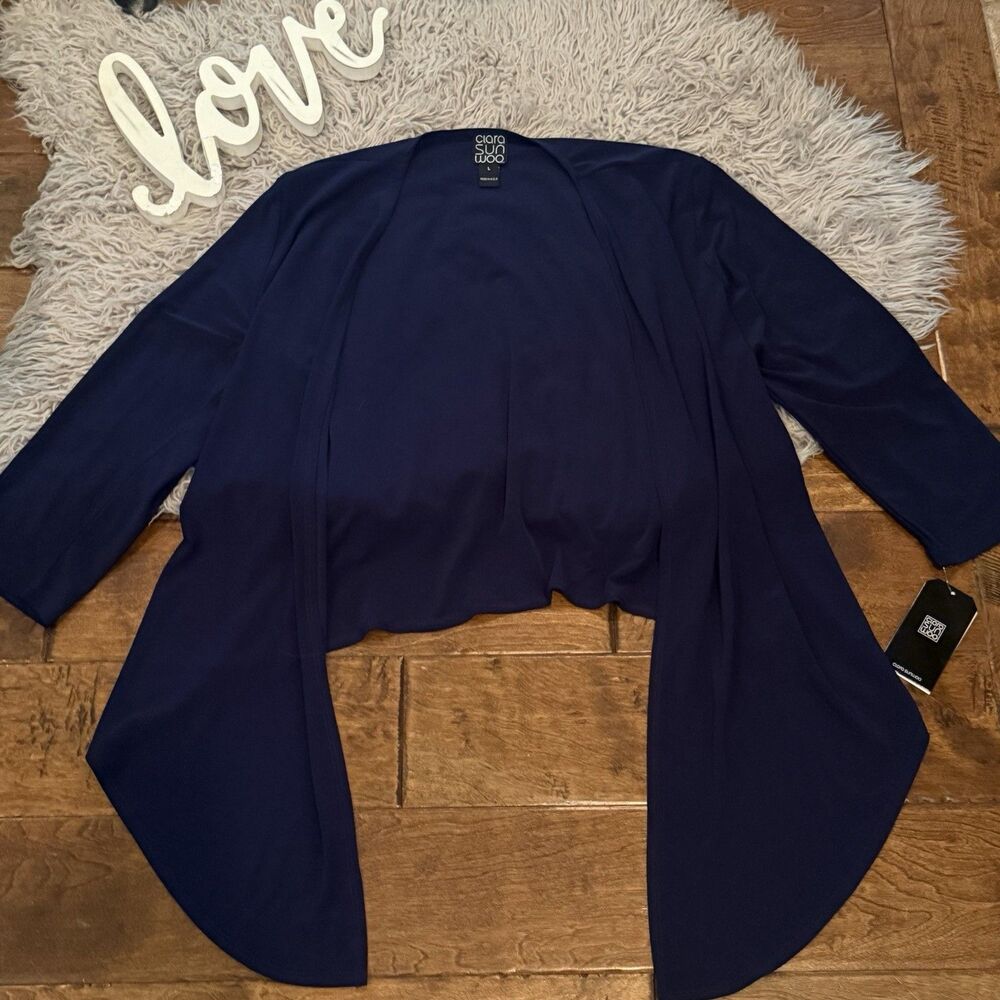 Clara Sun Woo Modern Tie Front Cardigan Navy Blue Size Large NWT